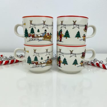 Vintage Christmas Mugs set of 4 Jamestown China The Joy of Christmas 1987 Action Industries, Santa Reindeer Snow Sledding Hot Cocoa Cups Mug 