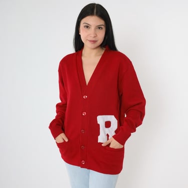 Vintage Red Varsity Cardigan 90s Letterman Sweater Stitched White Letter R Button Up Collegiate V Neck Pocket Acrylic SAI Men's Small S 