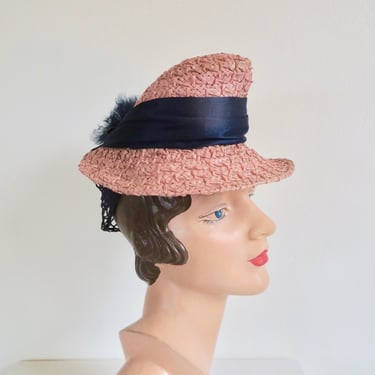 Vintage 1940's Pink and Navy Blue Straw Tilt Topper Hat with Snood Spring Summer Rockabilly WW2 Era 40's Millinery Fox Hand Tailored 