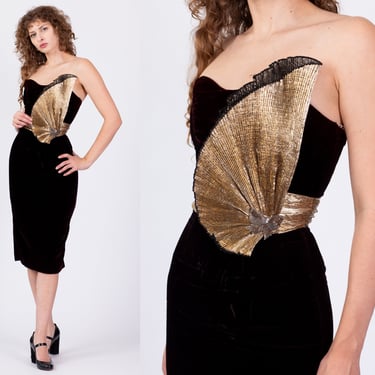 1930s Style Art Deco Plisse Bodycon Dress - XXS | Vintage 80s Does 30s Gold Metallic Black Velvet Midi Dress 