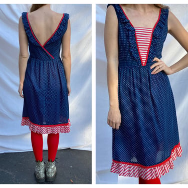 Vintage Summer Dress / Swiss Dotted Blue Red and White Summer Dress /  Frilly Sleeves / Flutter Frilly Flirty Skirt Dress 