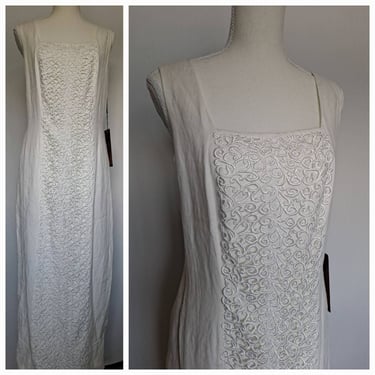 NOS Vintage 1990's Carole Little Off White Linen Crochet Dress M-L 