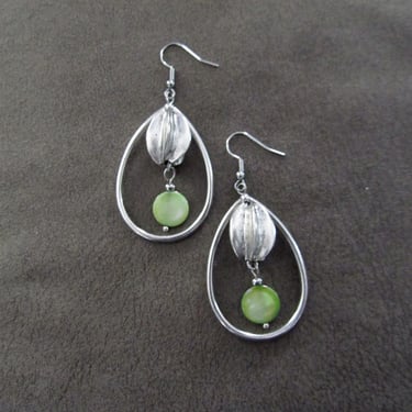 Silver and green mother of pearl shell teardrop hoop earrings 