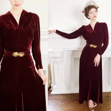 1930s Evening Dress Burgundy Velvet Gold Buckle Long Sleeves Sumptuous Elegant Drape Small / Celine / AS IS 