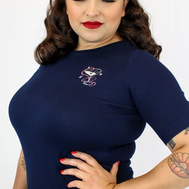 Embroidered Martini Navy Blue Knit Top 