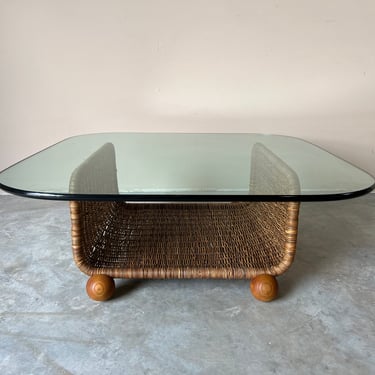 70's Mid-Century Organic Modern Woven Wicker Coffee Table W/ Glass Top 