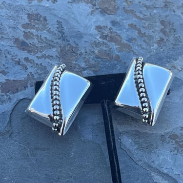 Vintage Mexico Sterling Wavy Rectangular Clip On Earrings with Silver Beaded Center Design 