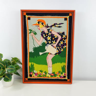 Vintage Framed Needlepoint Woman in Garden Smelling the Roses, Girl Gardening MCM Retro Wall Decor, 1970s Flower Power Floral Babydoll Dress 