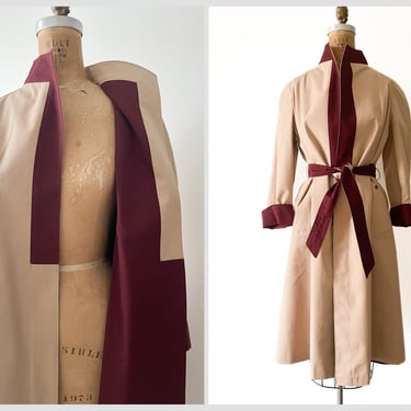 Vintage 1980’s Etienne Aigner reversible trench coat | khaki & burgundy wine, belted Spring jacket, 6 small 