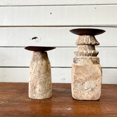 Rustic Candleholder Set of 2 | Wood Pillar Candleholder | Hand Carved Wood Candle Holder | Reclaimed Wood Candleholder | Rusted Metal Plate 