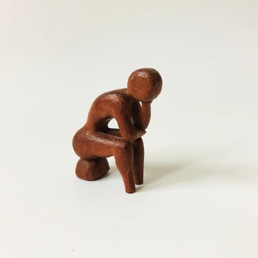 Small Vintage Carved Wood Figurative Thinker Sculpture 