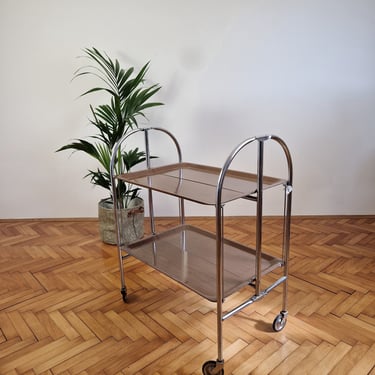 Mid Century Modern Brown Foldable Serving Bar Cart / Vintage Folding Trolley / Drinks and Food Trooley / Made in Germany / 1970s 