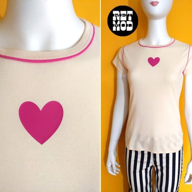 Sweet Vintage 70s 80s Pink & Cream Soft T-Shirt with Heart Graphic 