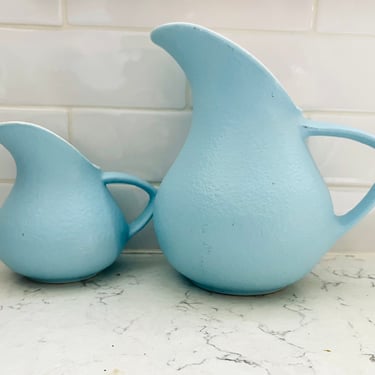 One Pair of Mid Century Hull USA Pottery Aqua Blue Water Pitcher, Large and Small Pitchers by LeChalet