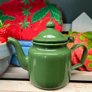 primitive green enamel teapot vintage little kettle 