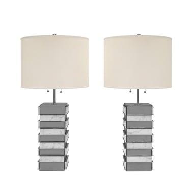 Pair of Artisan Table Lamps in White Marble and Chrome 1970s