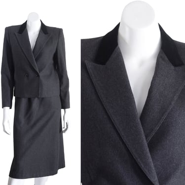 Vintage 1980s Gray Skirt Suit with Velvet Lapel by Sasson 