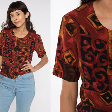 Geometric Shirt 90s Red Button Up Top 90s Abstract Print Blouse Vintage Down Short Sleeve Red Brown Orange 1990s Hipster Rayon Small 