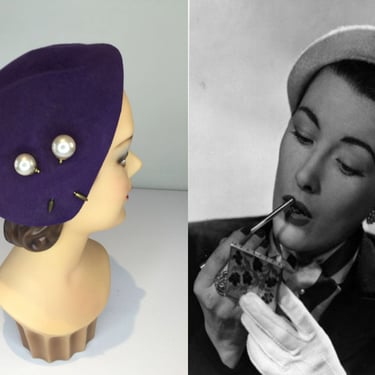 Arriving In Perfection - Vintage 1950s Deep Violet Purple Fur Felt Caplet Beret Hat w/Pearl Pins 