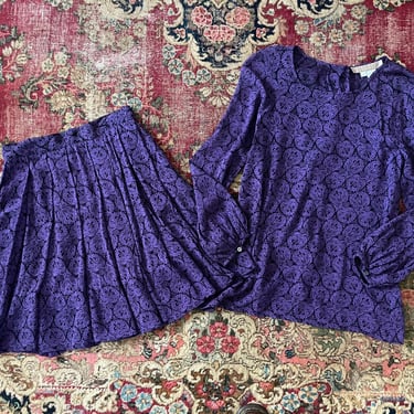 Vintage ‘80s Perry Ellis Portfolio purple fleur de lis print skirt set | blouse &amp; pleated skirt, S/M 