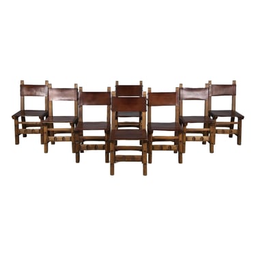 Antique Spanish Colonial Oak Dining Chairs W/ Brown Leather - Set of 8 