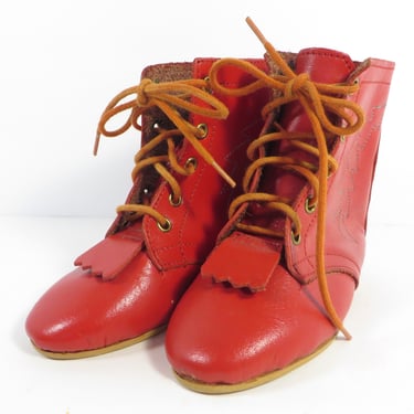 Vintage Red Leather Doll Booties - Red Leather Children's Shoes 