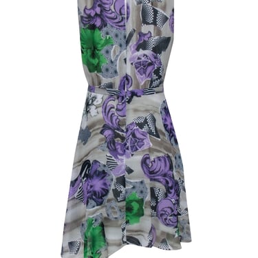 Versace Collection - Taupe w/ Purple Abstract Floral Print Pleated Dress Sz 8