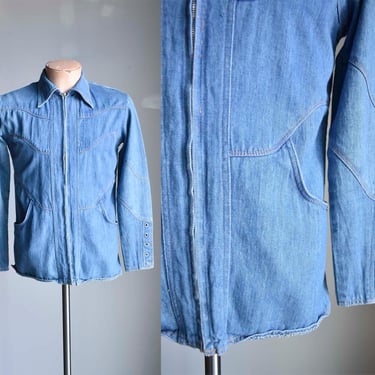 Vintage 1970s Denim Zip Up Shirt / Vintage Denim Jacket / 70s Zip Up Denim Jacket / 70s Denim Leisure Suit Jacket 