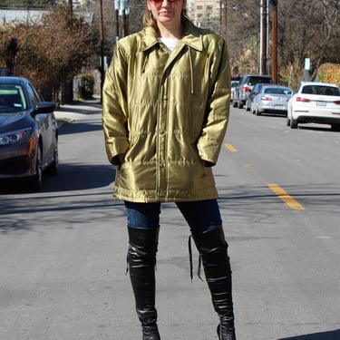 Vintage 1980s Lizwear Liz Claiborne Puffer Jacket, Small Women, Gold Satin, Removable Hood 