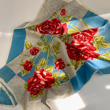 1940'S Floral Scarf - PURE SILK - Town & Country - Vintage colors of Red Roses with Blue  and Cream - 34 Inches x  36 Inches 
