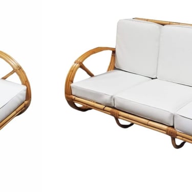 Restored Rattan Three-Strand Full Pretzel Lounge Chair and Three-Seat Sofa Set 