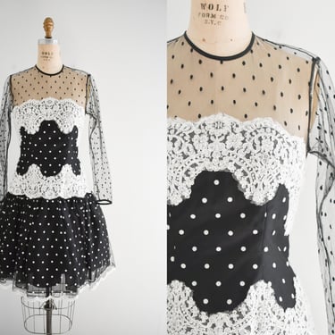 1990s Black and White Polka Dot Tulle Dress 