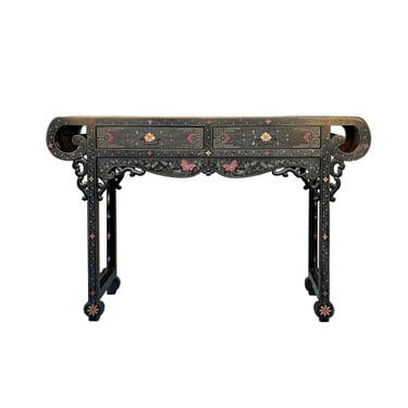 Vintage Oriental Black Lacquer Color Graphic Scroll End Altar Console Table ws4809E 