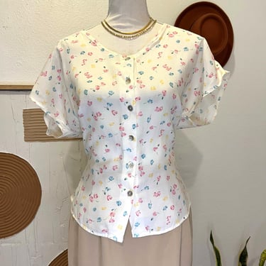 Vintage Ivory Cottage Floral Adjustable Waist Tie Button Front Blouse USA - L 