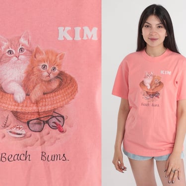 Beach Bums Cat Shirt 90s Kim T Shirt Kitten Shirt Cute Kawaii Pink Graphic Tee Retro Tourist Surfer Top Vintage 1990s Small Medium 
