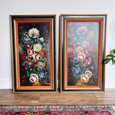 Vintage Pair of Floral Mid-Century Original Oil Paintings 