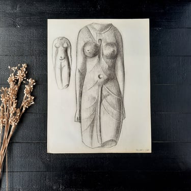 Large Original Woman Bust Charcoal Drawing on Ingres Paper Nude Woman Drawing 1965, Signed 