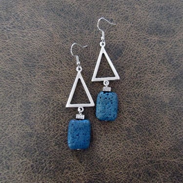 Teal lava rock and silver geometric earrings 