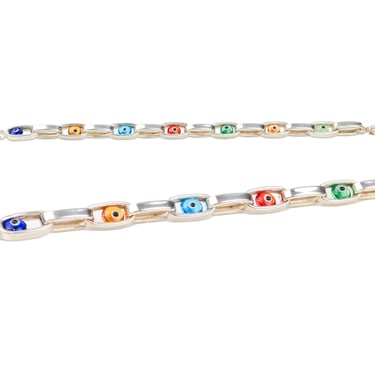Modernist Evil Eye Bracelet In Sterling Silver, Colorful Glass Beads, Hollow Oval Link Chain, 8" L 
