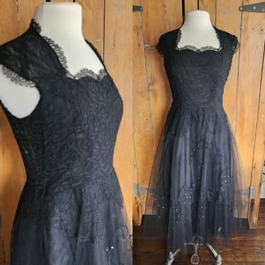 Vintage 50s Black Party Dress Tulle Lace Rhinestones M 
