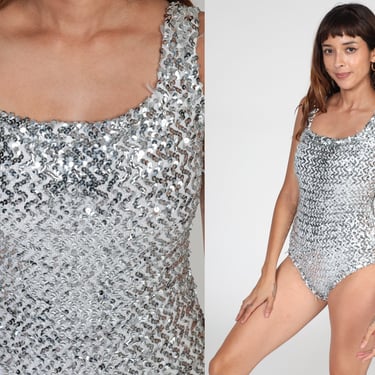Silver Sequin Leotard 80s Sparkly Glitter Bodysuit Gymnastics One Piece Dance Costume Burlesque Outfit Pinup Romper Vintage 1980s Small S 