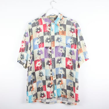 vintage FLORAL print summer breezy 90s y2k aop button down BOXY silky rayon shirt -- size large 