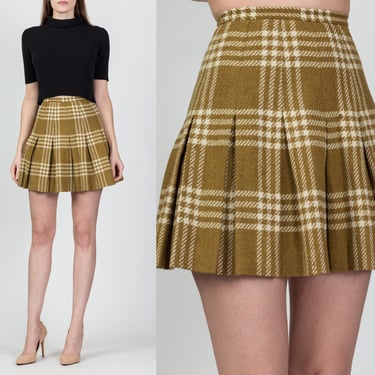 60s 70s Plaid Schoolgirl Mini Skirt, As Is - XXS, 22" | Vintage Tarni Originals Mustard Yellow Wool Preppy Pleated Skirt 