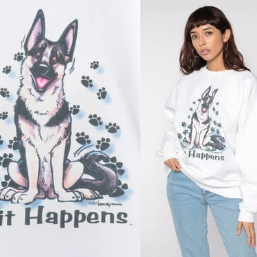 German Shepherd Sweatshirt SIT HAPPENS Dog Joke Shirt 80s 90s Animal Print Jumper Pet Crewneck Funny Joke Vintage Novelty Pullover Large L 