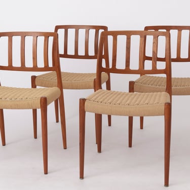 4 Niels Moller Mid century teak dining chairs with papercord seats by Niels O. Møller for J.L. Moller, Model 83, Set of 4, Denmark, 1970s 