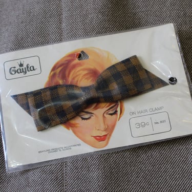 Vintage 50s 1960s Hair Bow clip in Original Packaging Gayla Hair Accessories black brown plaid barrette pinup girl 