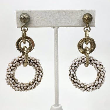 Vintage 1970's - 1980's Gold & White Multi Layer Circle Looped Beaded Dangle Hoop Earrings 