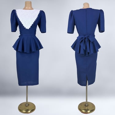 VINTAGE 80s Navy Blue and White Lace Peplum Dress by T. Juniors Size 9/10 | 1980s Iconic Sexy Secretary Dress | VGF 