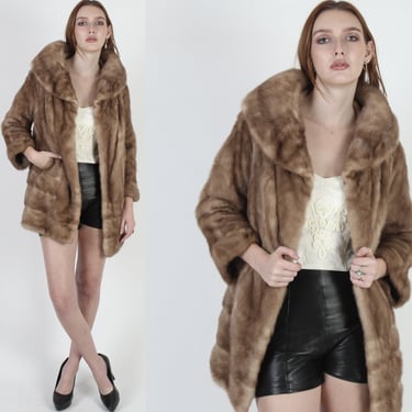 Open Front Autumn Haze Mink Fur Coat / Vintage 60s Real Fur Cropped Jacket / Large Full Collar Jacket With Pockets 