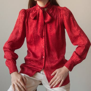 6630t / yves saint laurent red floral silk ascot collar blouse / fr 34 